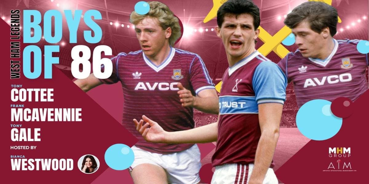 Hero image for homepage featuring West Ham Legends - Boys of '86 with Tony Cottee, Tony Gale and Frank McAvennie